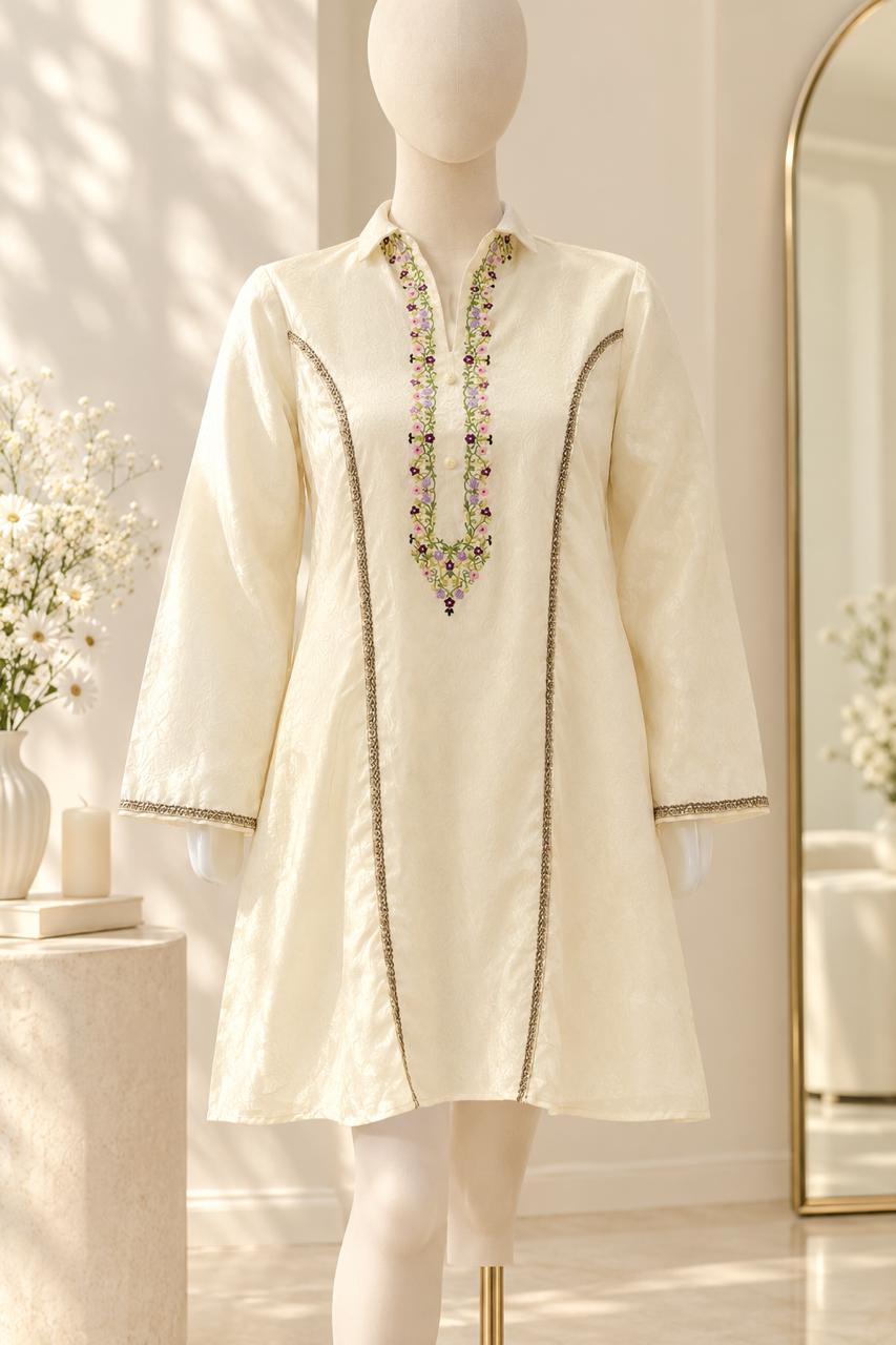 Ivory Floral Embroidered A-Line Kurti