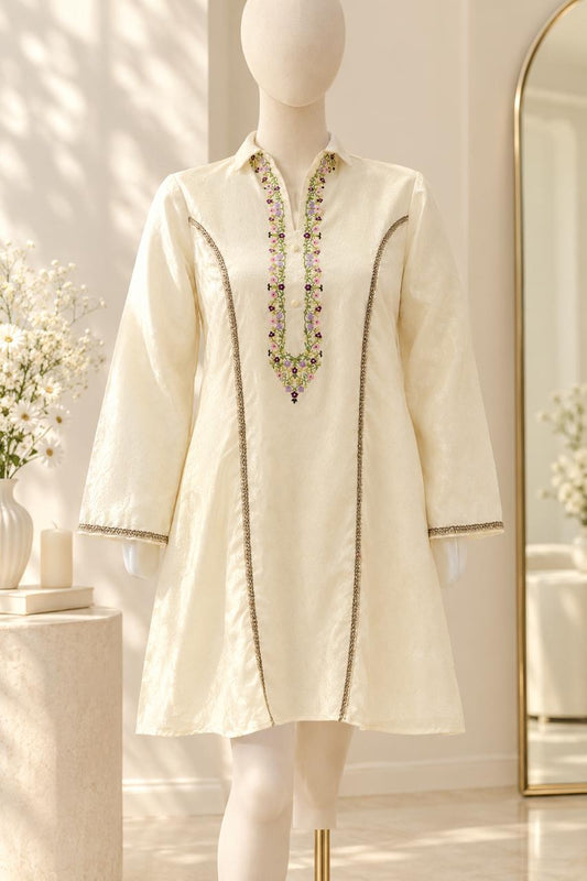 Ivory Floral Embroidered A-Line Kurti