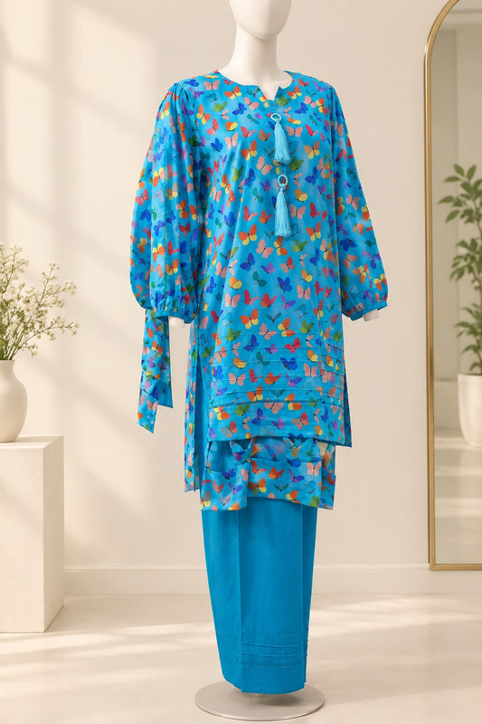 Blue butterfly printed 2-piece suit